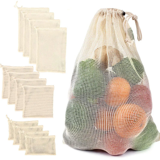 Reusable Cotton Mesh Produce Bags with Drawstring - Eco-Friendly Storage