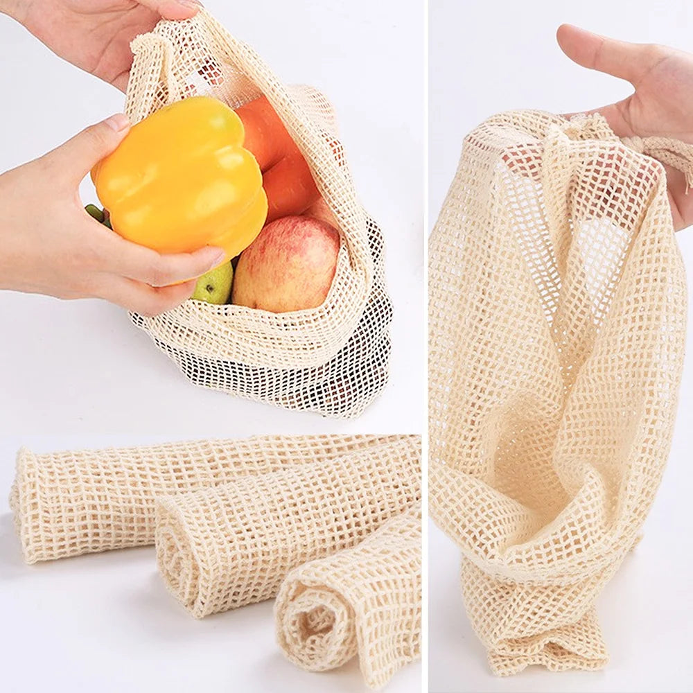 Reusable Cotton Mesh Produce Bags with Drawstring - Eco-Friendly Storage