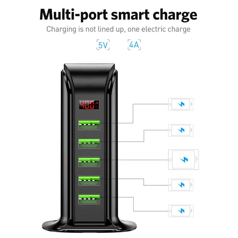 USB HUB 5 Port Charger LED Display Multi Charging Station Dock