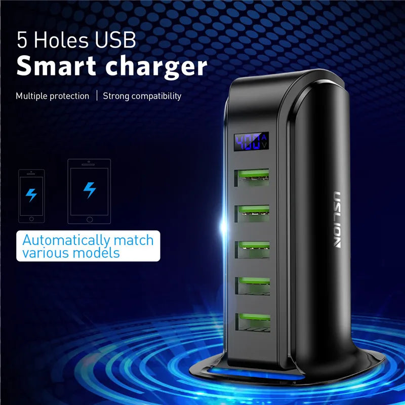 USB HUB 5 Port Charger LED Display Multi Charging Station Dock