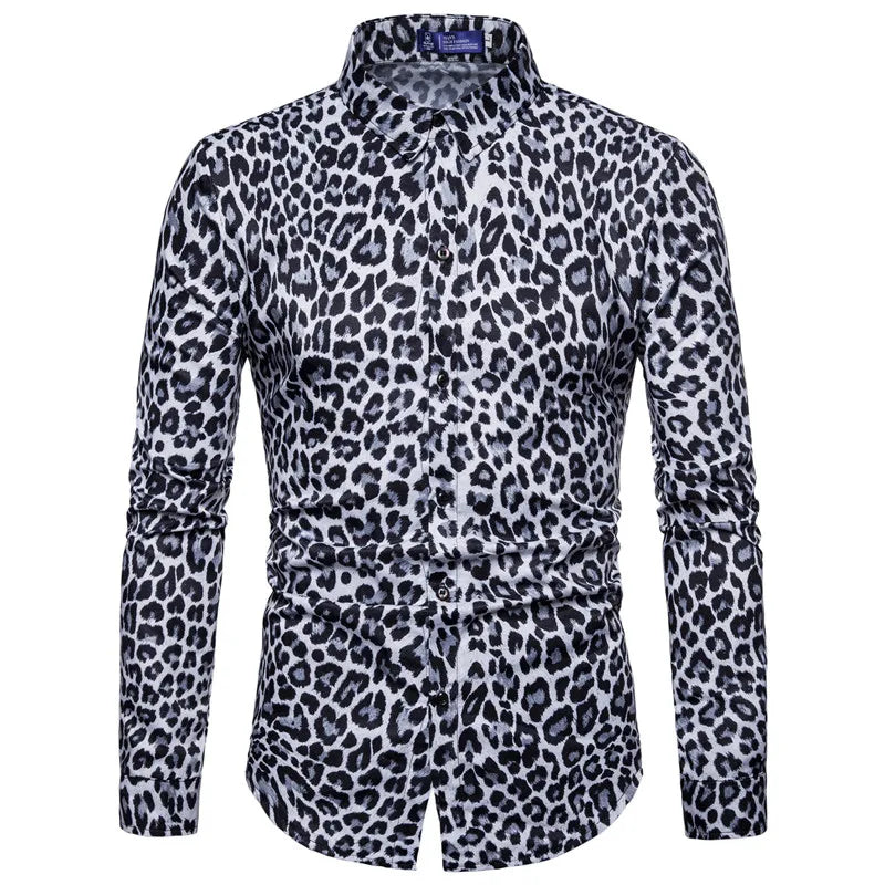 Trend Man Club Leopard Print Shirt High Quality Long Sleeve Shirt Social Man Casual Party Shirt Chemise Homme Shirt Dress