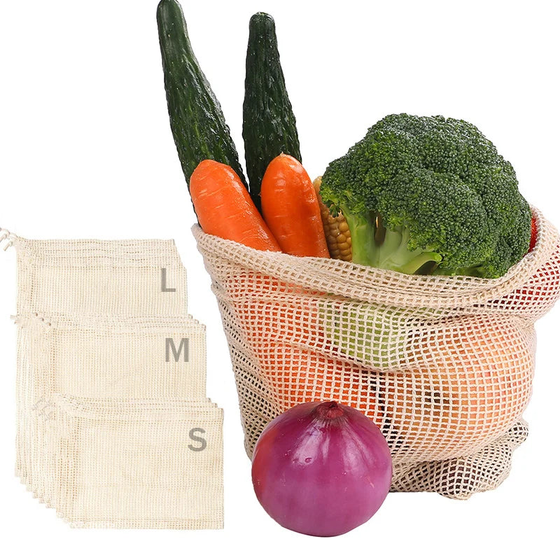 Reusable Cotton Mesh Produce Bags with Drawstring - Eco-Friendly Storage