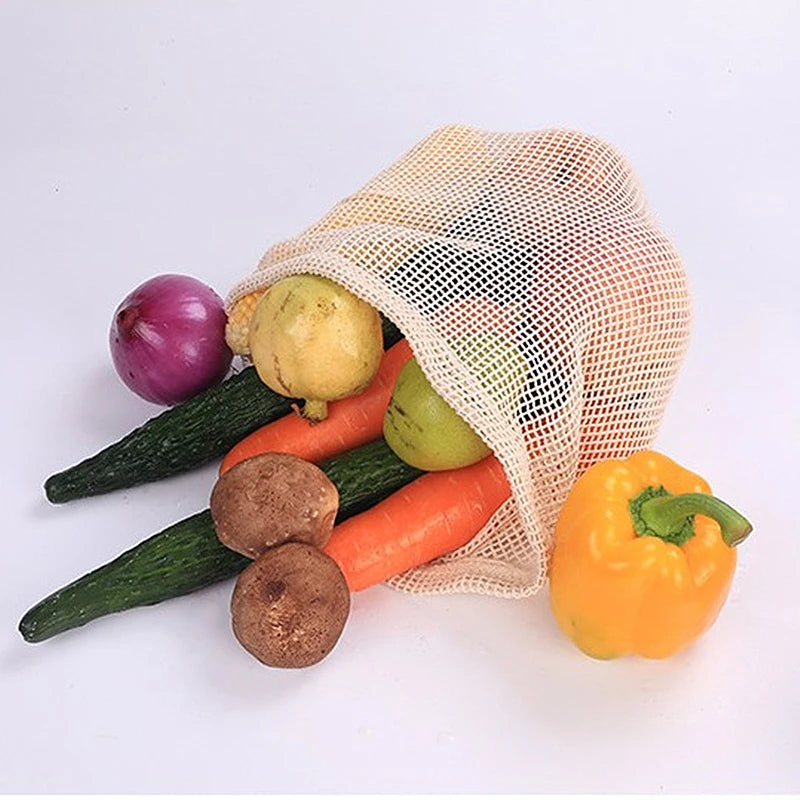 Reusable Cotton Mesh Produce Bags with Drawstring - Eco-Friendly Storage