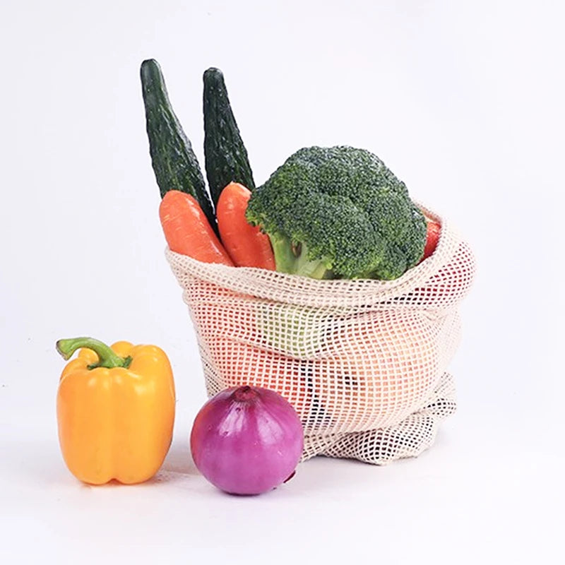 Reusable Cotton Mesh Produce Bags with Drawstring - Eco-Friendly Storage