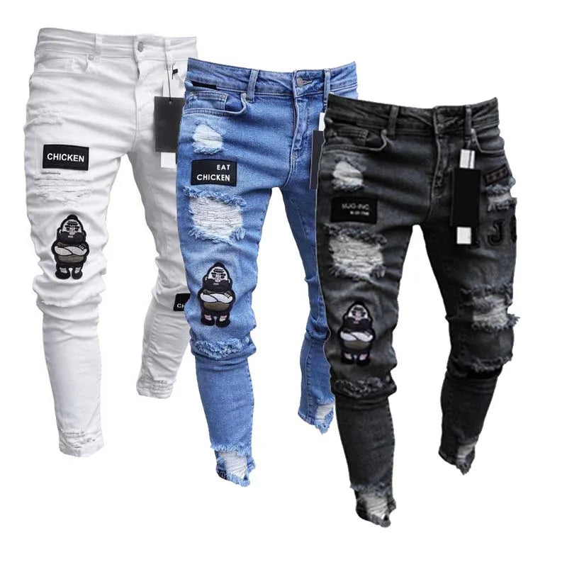 White Embroidery Ripped Skinny Jeans for Men - High Quality Denim