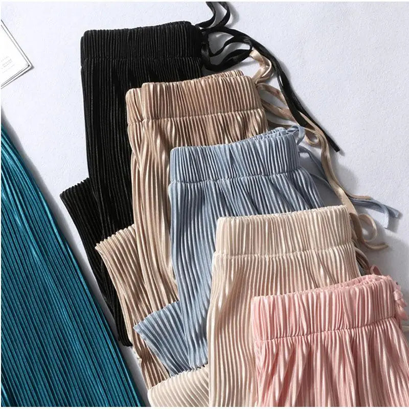 Summer Wide Leg Pants Pleated Ice Silk Elastic Waist Loose