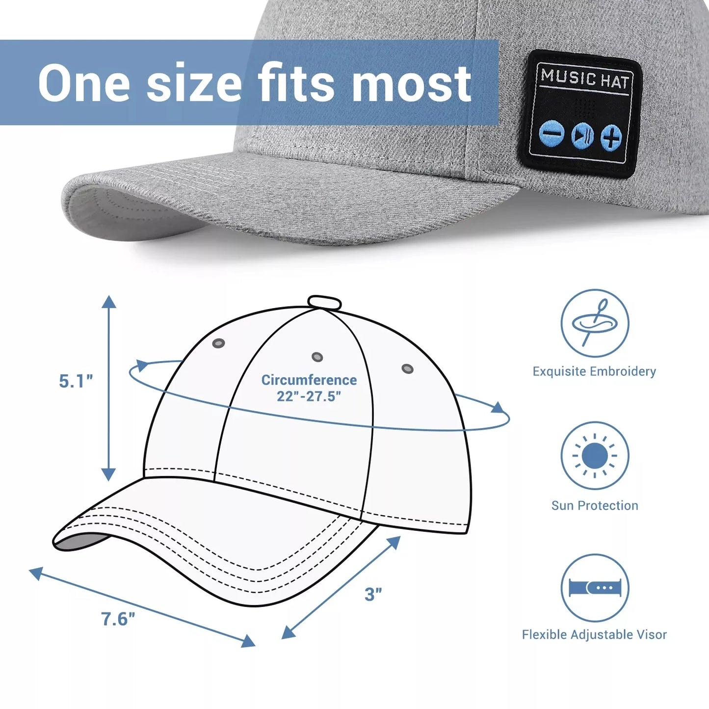 Hat with Bluetooth Speaker Adjustable Wireless Baseball Cap