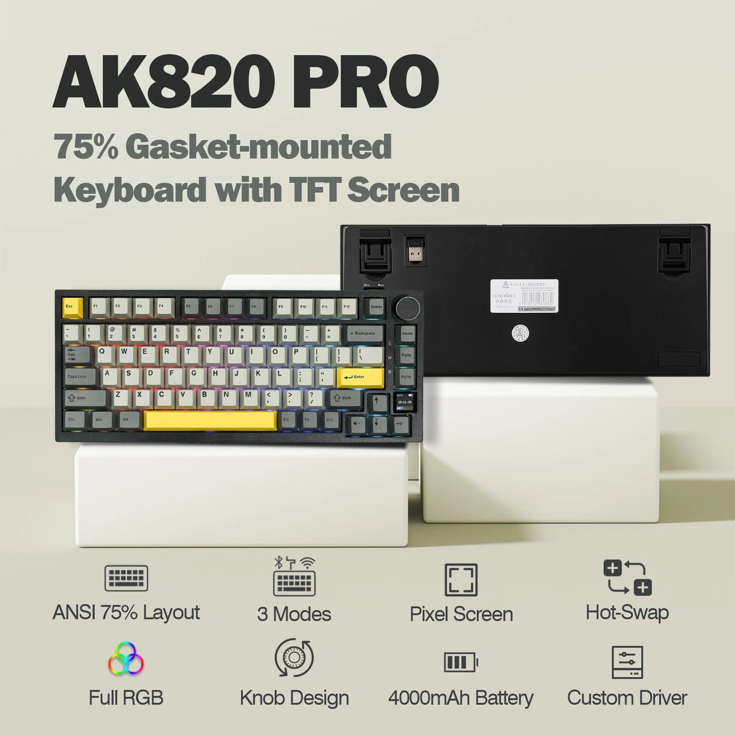 Ajazz AK820 Pro Wireless Keyboard with TFT Screen & Bluetooth 5.1