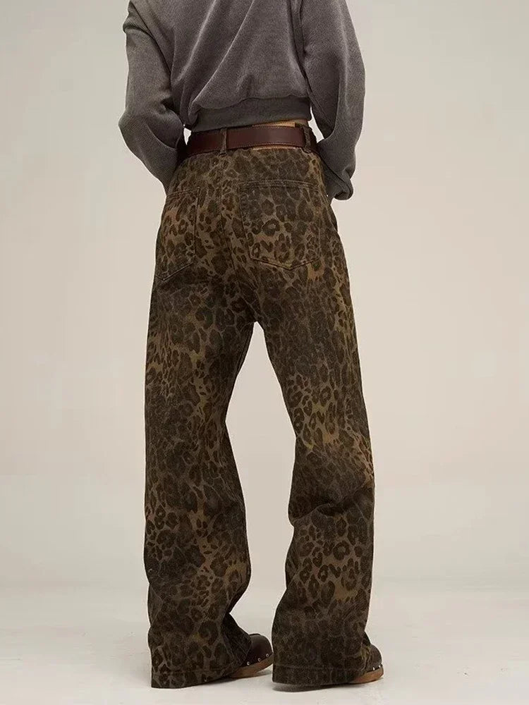 HOUZHOU Tan Leopard Jeans Women Oversize Wide Leg Pants