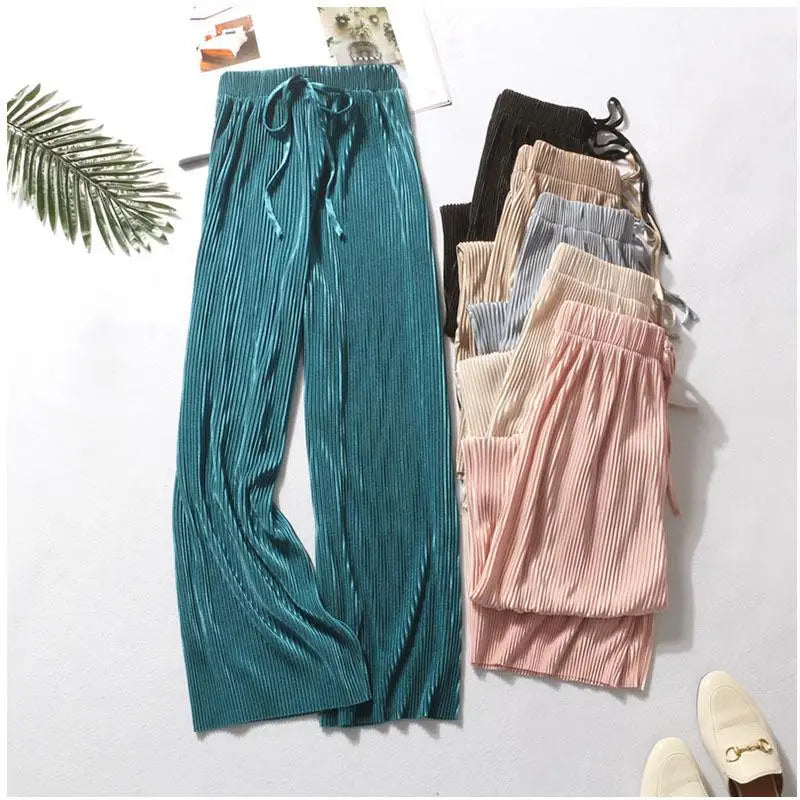 Summer Wide Leg Pants Pleated Ice Silk Elastic Waist Loose