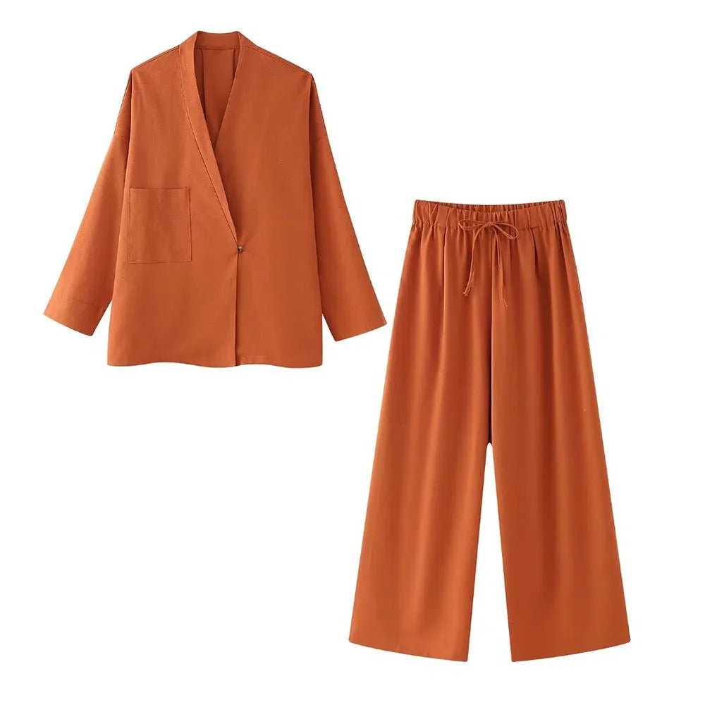 2024 Women's Linen V-Neck Suit & Elastic Waist Trousers