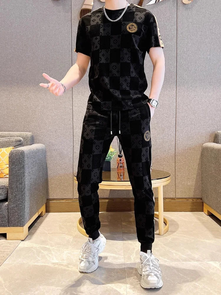 Summer New Print Fashion Casual Short Sleeve Pants Suit Men's High-end Trend Two-piece Simple and Comfortable Sports Suit