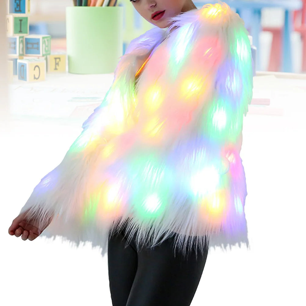 Women Artificial Fur Coat Stage Performance Costumes Christmas Cosplay Costumes led Light Coat Christmas Luminous Jacket Outwear