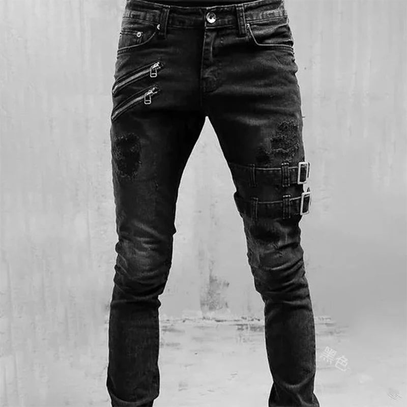 White Embroidery Ripped Skinny Jeans for Men - High Quality Denim