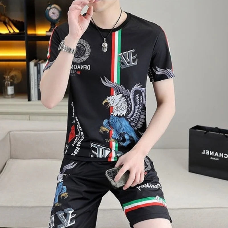 Men's Short Sleeve Shorts Trend Set Summer 2024 New Fashion Crew-neck T-shirt 3D Printed Casual Sports Two-piece Set