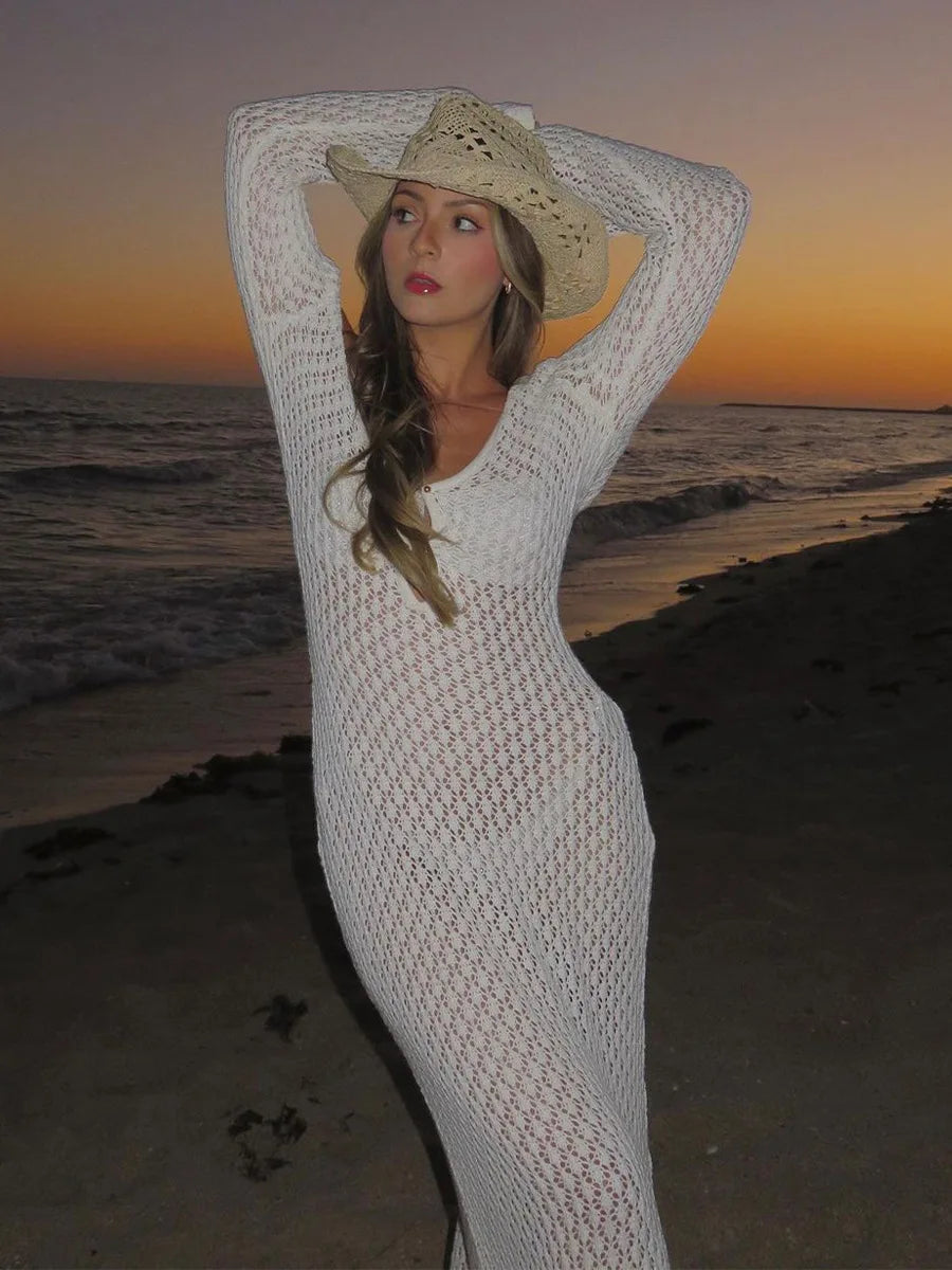 White Long Sleeve Knit Dress See-Through Deep V-Neck Backless