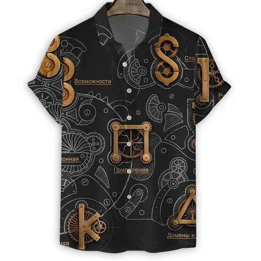 Summer Fashion Hawaiian Casual Men's Short Sleeve Shirt Mechanical Print Street Trend Lapel Men's Tops Large Size Men's Shirt