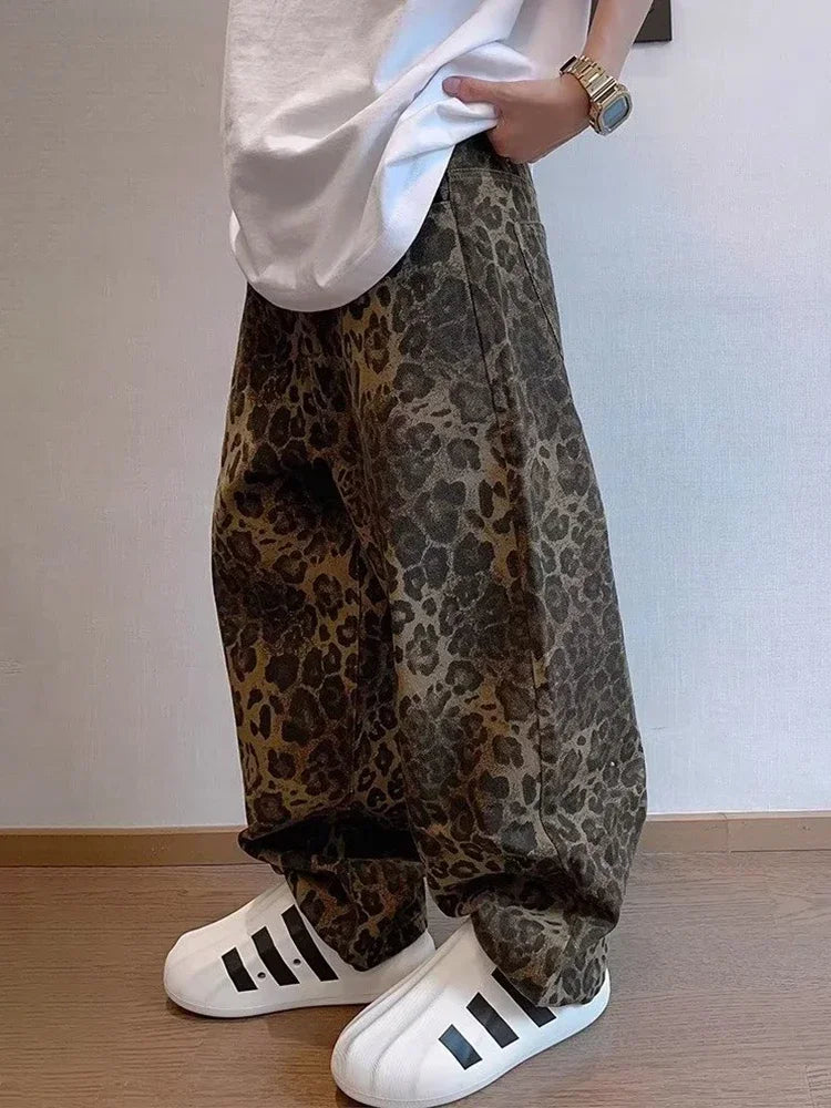 HOUZHOU Tan Leopard Jeans Men Oversize Wide Leg Streetwear