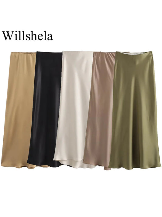 Chic Satin Pleated Midi Skirt for Women – Vintage Elastic Waist