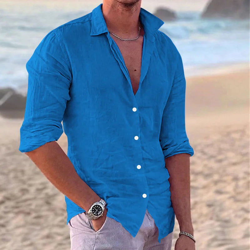 Cross-border explosive men's solid color shirt Fashion trend beach casual cotton linen slim-fit shirt