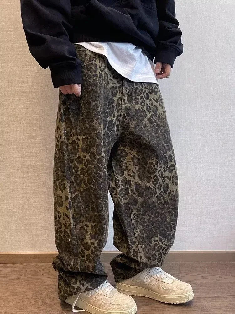 HOUZHOU Tan Leopard Jeans Men Oversize Wide Leg Streetwear