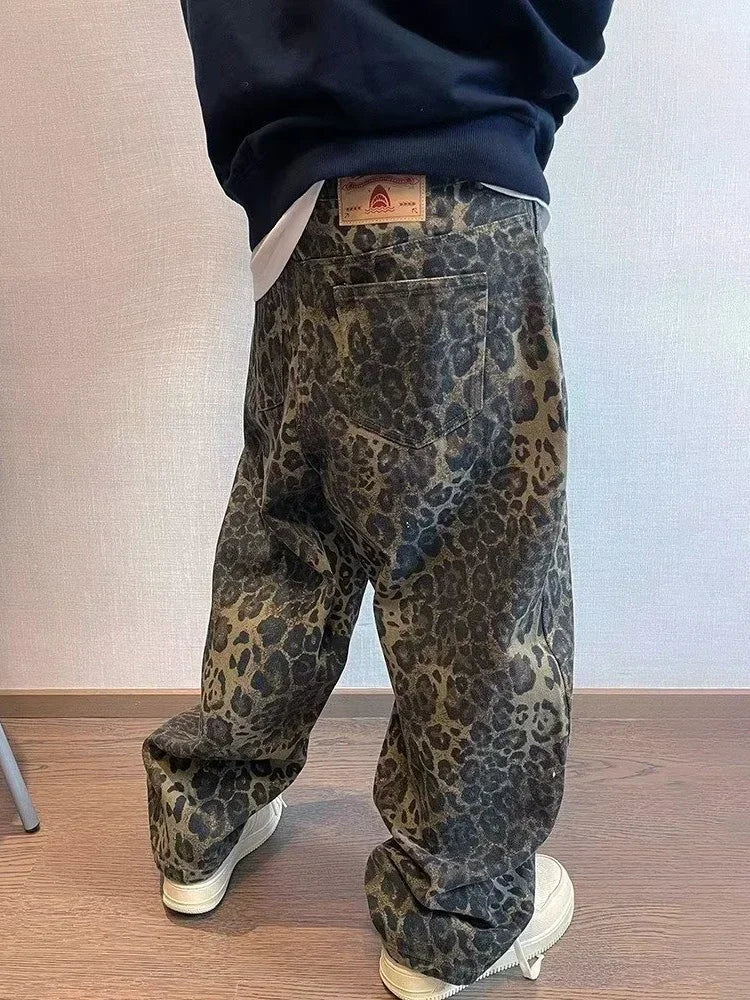 HOUZHOU Tan Leopard Jeans Men Oversize Wide Leg Streetwear