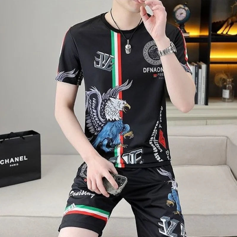 Men's Short Sleeve Shorts Trend Set Summer 2024 New Fashion Crew-neck T-shirt 3D Printed Casual Sports Two-piece Set