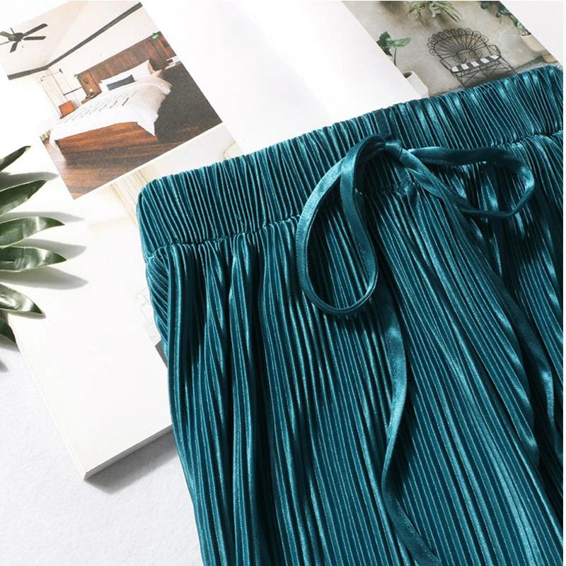 Summer Wide Leg Pants Pleated Ice Silk Elastic Waist Loose