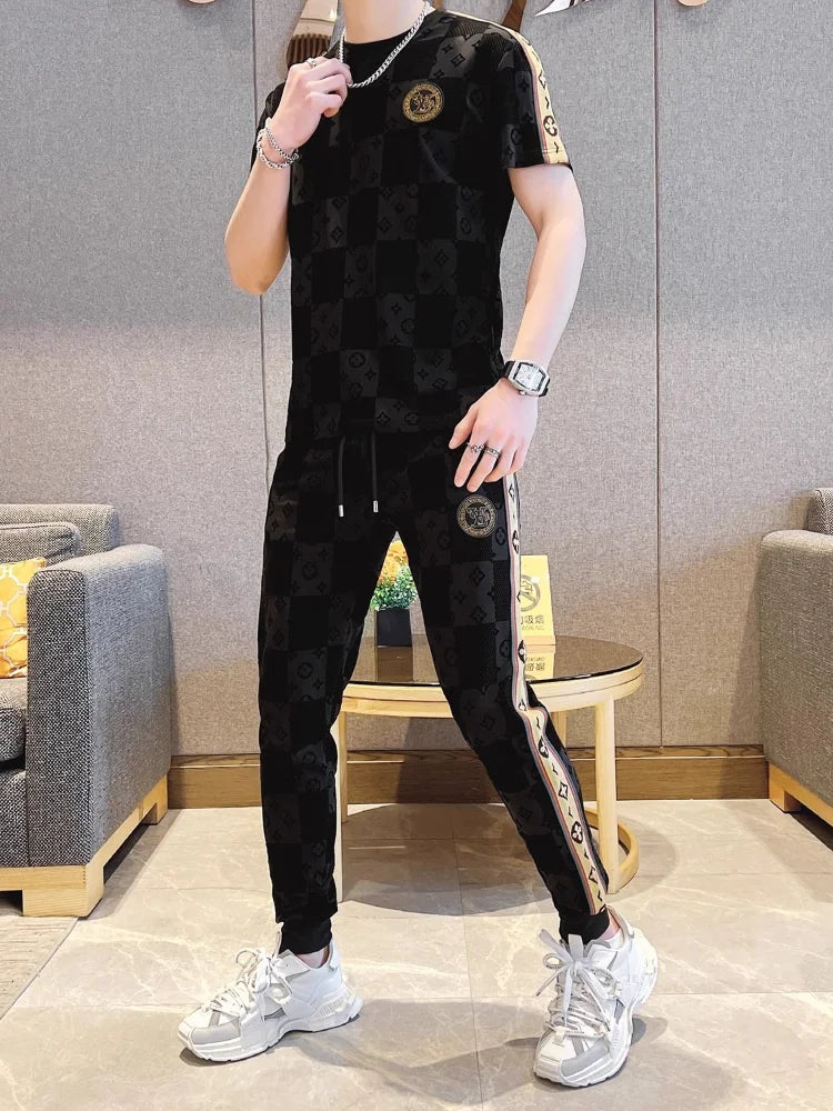 Summer New Print Fashion Casual Short Sleeve Pants Suit Men's High-end Trend Two-piece Simple and Comfortable Sports Suit