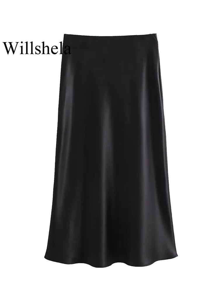 Chic Satin Pleated Midi Skirt for Women – Vintage Elastic Waist