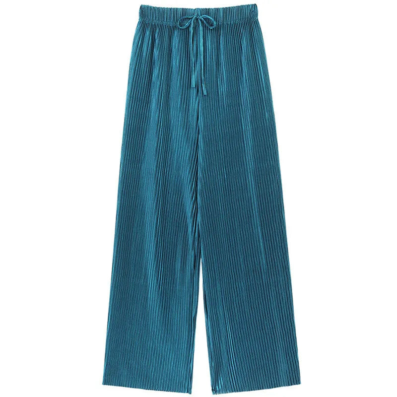 Summer Wide Leg Pants Pleated Ice Silk Elastic Waist Loose