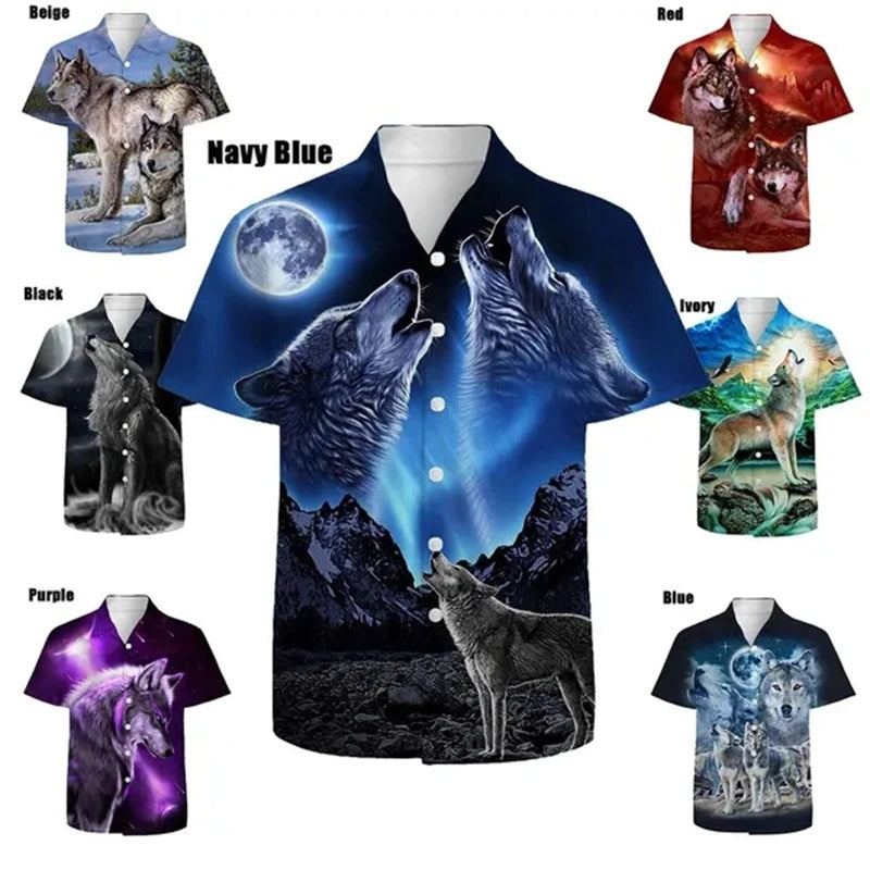 Trend Personality Animal Wolf Pattern 3D Print Short Sleeve Shirts Fashion Cool Style Graphic Button Blouses For Men Tops Shirt