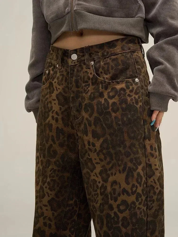 HOUZHOU Tan Leopard Jeans Women Oversize Wide Leg Pants