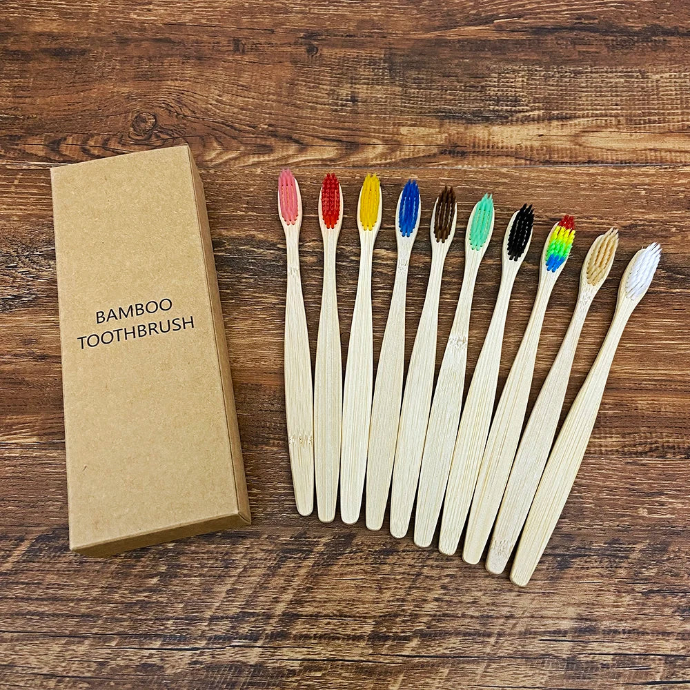 Biodegradable Bamboo Toothbrush Set 10PCS Colorful Bristles Eco-Friendly