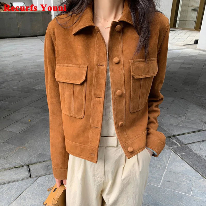 Women's Cashmere Suede Leather Jacket 2023 Slimming Streetwear