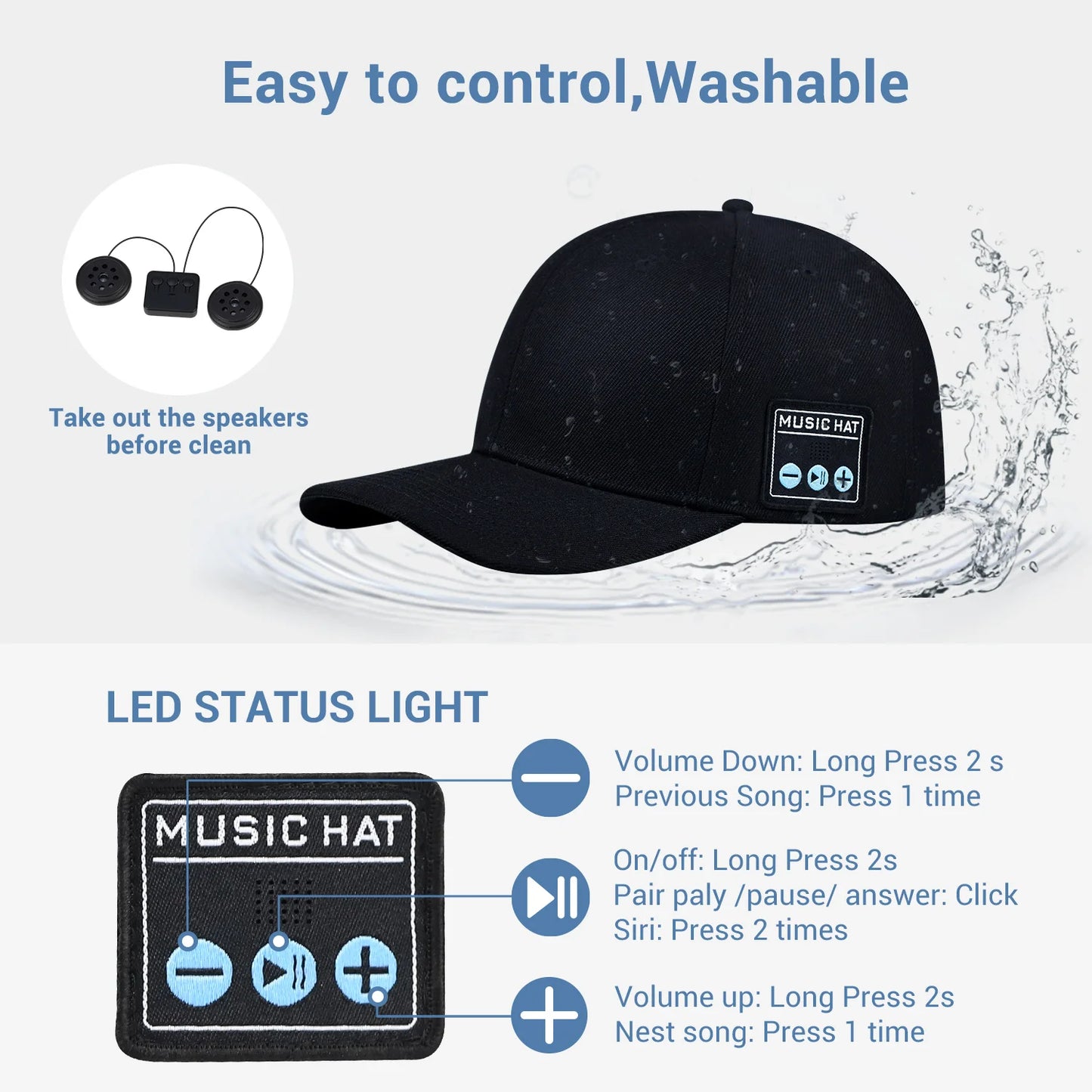 Hat with Bluetooth Speaker Adjustable Wireless Baseball Cap