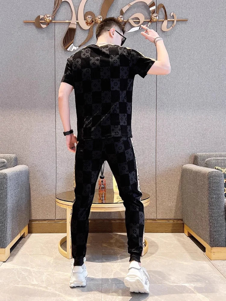 Summer New Print Fashion Casual Short Sleeve Pants Suit Men's High-end Trend Two-piece Simple and Comfortable Sports Suit