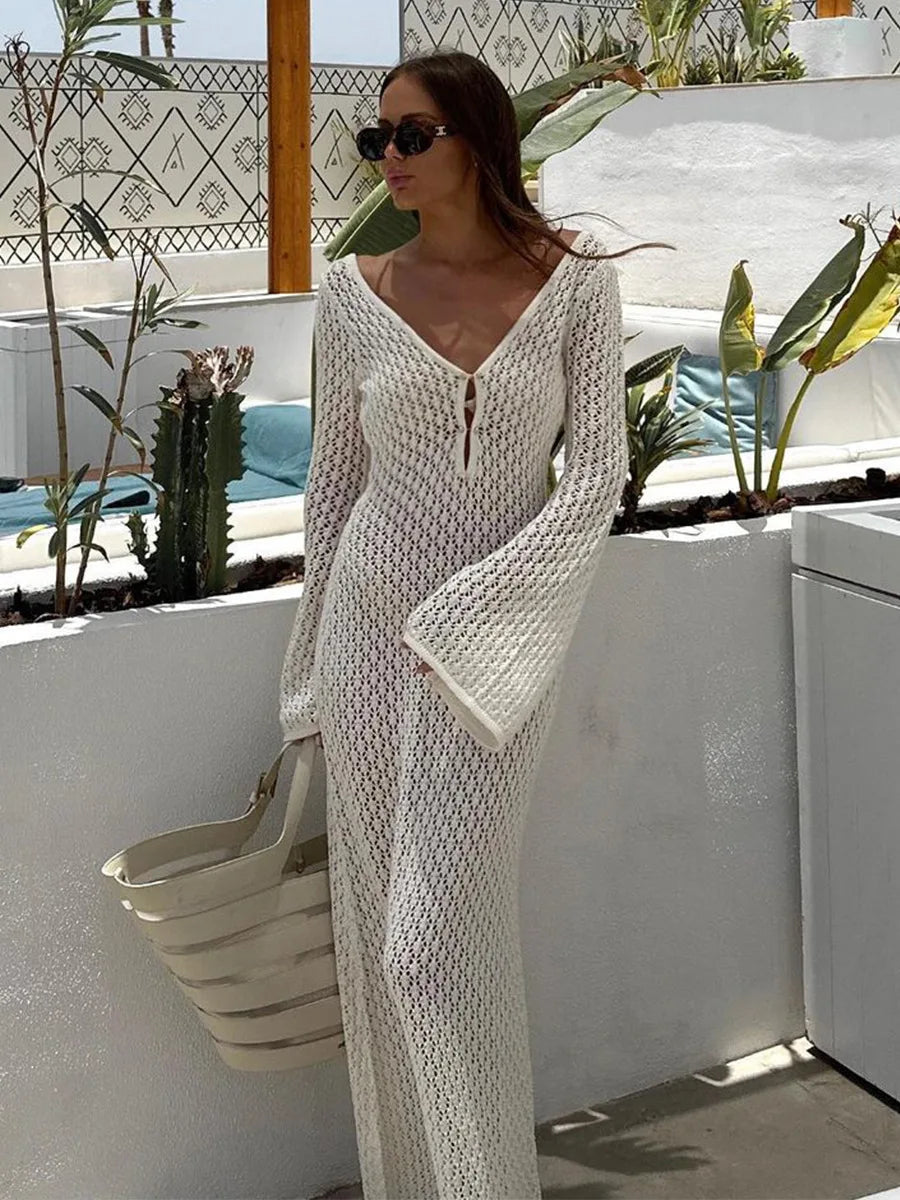 White Long Sleeve Knit Dress See-Through Deep V-Neck Backless