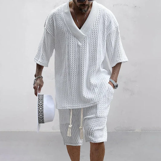 Summer Casual Knit Shorts Set V-Neck T-Shirt & Shorts Streetwear