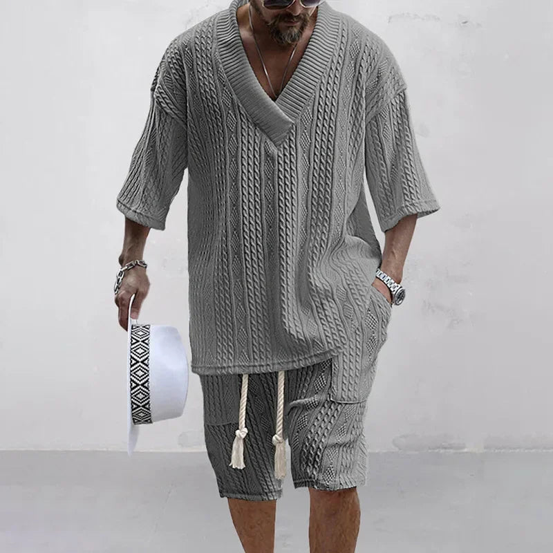 Summer Casual Knit Shorts Set V-Neck T-Shirt & Shorts Streetwear