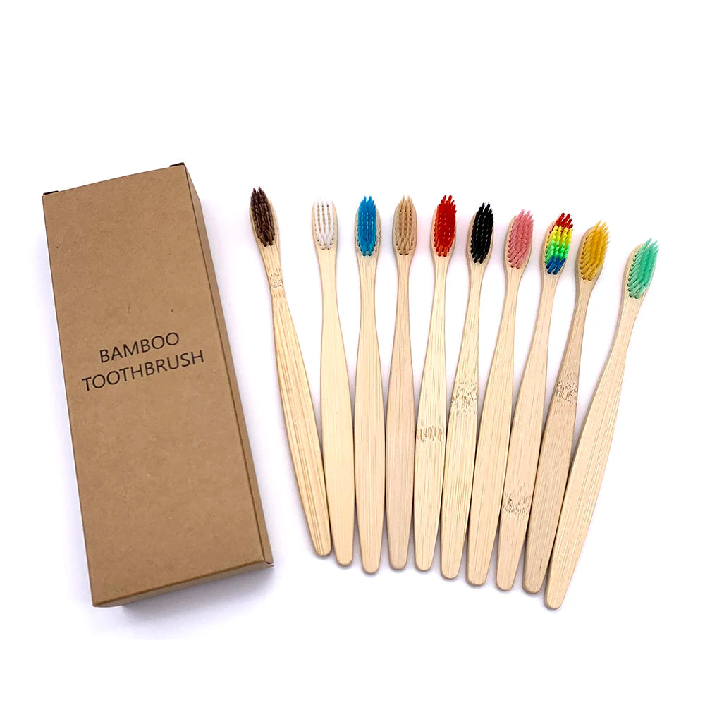 Biodegradable Bamboo Toothbrush Set 10PCS Colorful Bristles Eco-Friendly