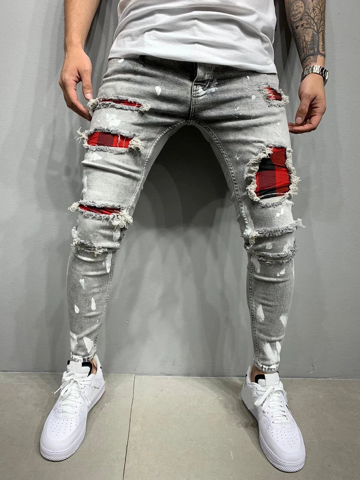 White Embroidery Ripped Skinny Jeans for Men - High Quality Denim