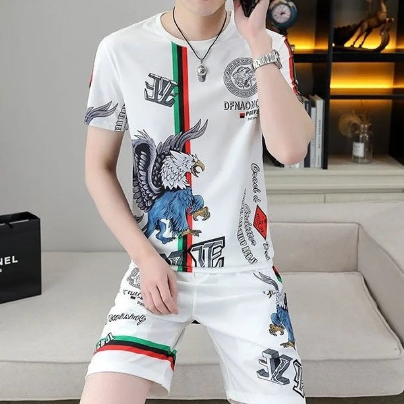 Men's Short Sleeve Shorts Trend Set Summer 2024 New Fashion Crew-neck T-shirt 3D Printed Casual Sports Two-piece Set