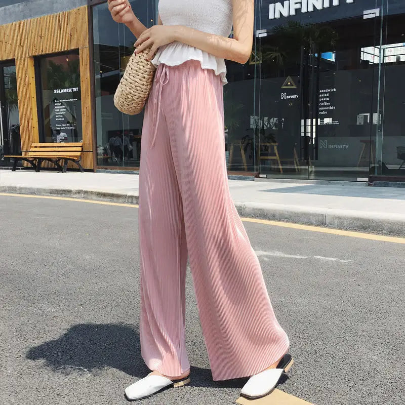 Summer Wide Leg Pants Pleated Ice Silk Elastic Waist Loose