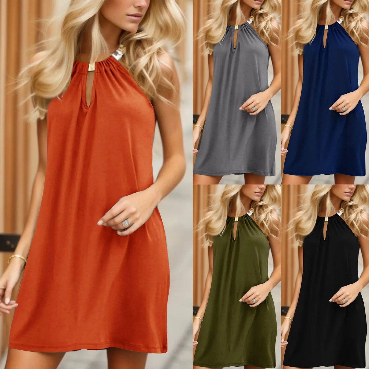 Women's Solid Color Chain Halterneck A-Line Mini Dress