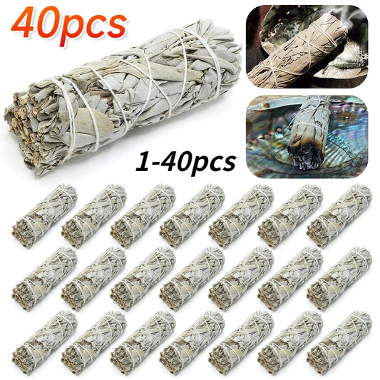 1-40PCS 10.5cm Natural White Sage Bundle Smudge Sticks Pure Leaf Smoky For Yoga Home Cleansing Healing Meditation Smudging