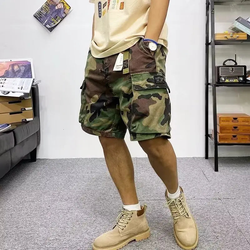 Camouflage Workwear Shorts Men Straight Cylinder Trend Motion Middle Pants Loose Casual Large Pocket Comfortable All-match Pants