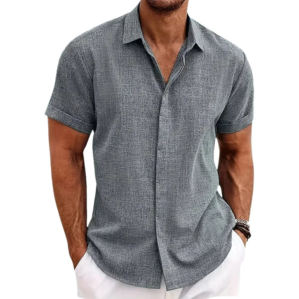 Summer explosive men's fashion casual loose cotton linen shirt trend beach large size men's short-sleeved shirt