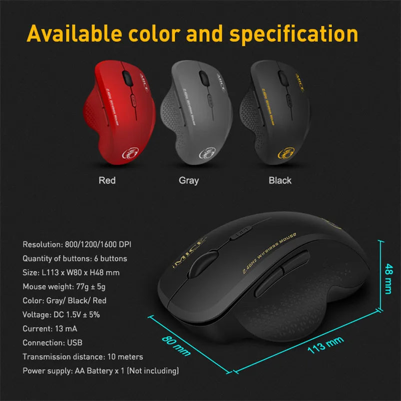 Wireless Mouse Ergonomic 6 Buttons 2.4GHz 1600 DPI for PC