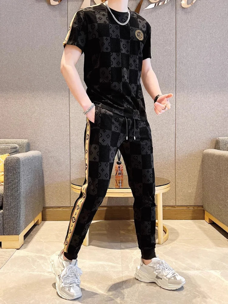 Summer New Print Fashion Casual Short Sleeve Pants Suit Men's High-end Trend Two-piece Simple and Comfortable Sports Suit